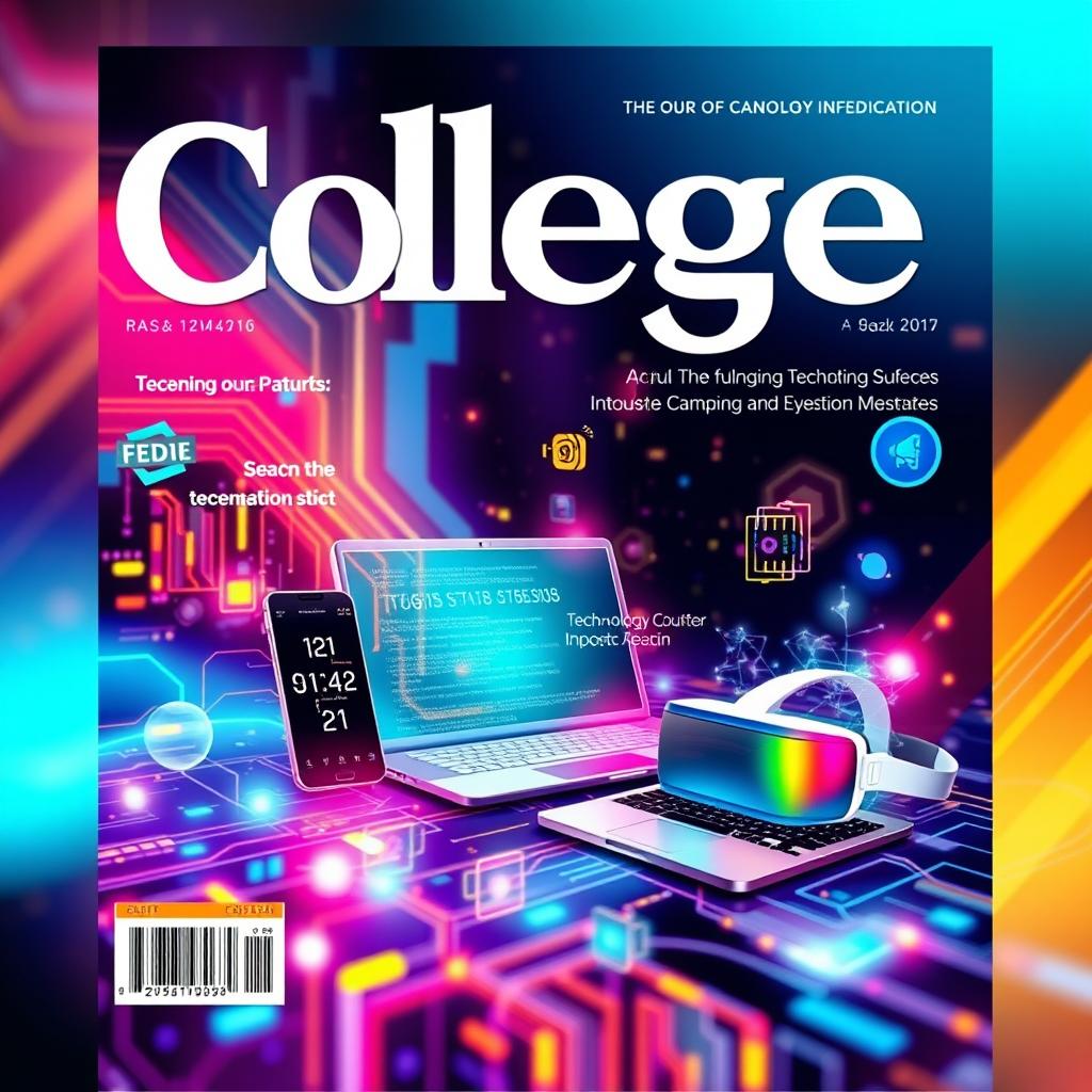 An eye-catching and modern college magazine cover featuring a vibrant and futuristic technology theme