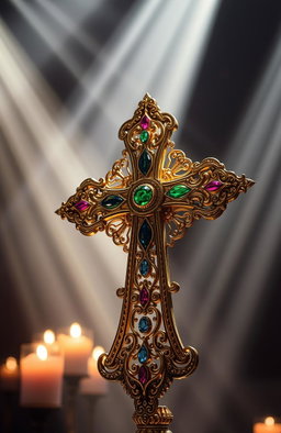 A beautifully ornate cross made of intricately detailed gold and silver filigree, adorned with colorful gemstones like rubies, emeralds, and sapphires embedded into its design