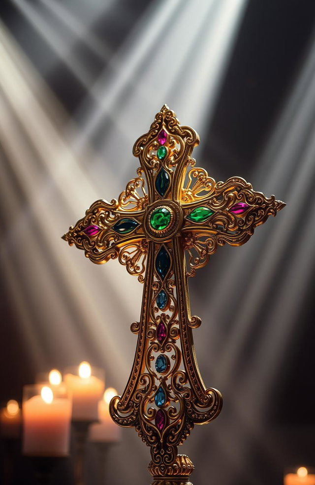 A beautifully ornate cross made of intricately detailed gold and silver filigree, adorned with colorful gemstones like rubies, emeralds, and sapphires embedded into its design