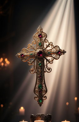 A beautifully ornate cross made of intricately detailed gold and silver filigree, adorned with colorful gemstones like rubies, emeralds, and sapphires embedded into its design