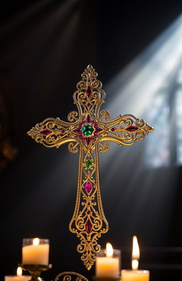A beautifully ornate cross made of intricately detailed gold and silver filigree, adorned with colorful gemstones like rubies, emeralds, and sapphires embedded into its design