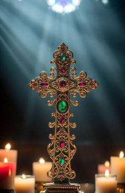 A beautifully ornate cross made of intricately detailed gold and silver filigree, adorned with colorful gemstones like rubies, emeralds, and sapphires embedded into its design