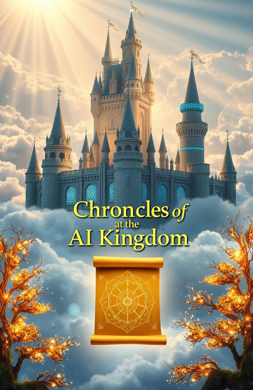 A majestic, glowing castle floats high above the clouds, blending medieval towers with futuristic AI elements like holographic circuits and glowing blue accents