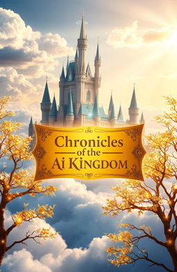A majestic, glowing castle floats high above the clouds, blending medieval towers with futuristic AI elements like holographic circuits and glowing blue accents