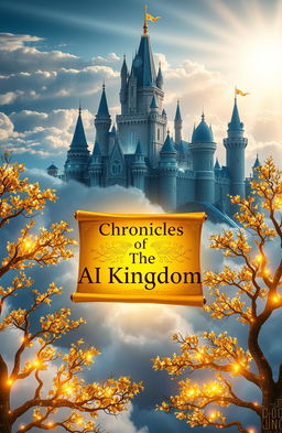 A majestic, glowing castle floats high above the clouds, blending medieval towers with futuristic AI elements like holographic circuits and glowing blue accents
