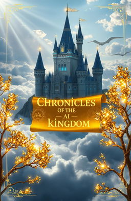 A majestic, glowing castle floats high above the clouds, blending medieval towers with futuristic AI elements like holographic circuits and glowing blue accents