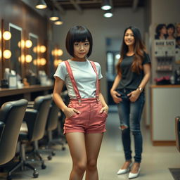 A photorealistic image of a very slim 20-year-old Asian woman with an extremely short boyish haircut, one inch in length, featuring very short bangs