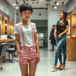 A photorealistic image of a very slim 20-year-old Asian woman with an extremely short boyish haircut, one inch in length, featuring very short bangs