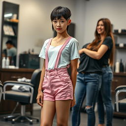 A photorealistic image of a slim 20-year-old Asian woman with an ultra short one-inch boyish haircut featuring very short bangs, displaying a sad and shy expression as tears roll down her face and fill her eyes