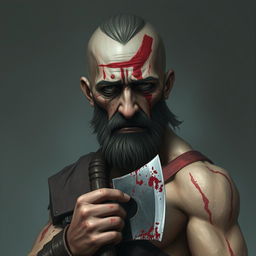 A depiction of Kratos in a state of despair and depression, with a weary, sad expression