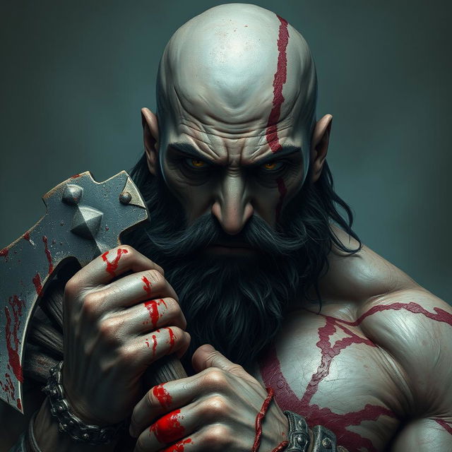 A depiction of Kratos in a state of despair and depression, with a weary, sad expression