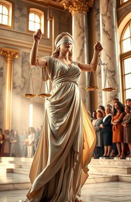 A powerful depiction of justice, symbolized by a majestic lady holding the scales of justice, blindfolded, standing in a grand, classical courtroom filled with marble columns and golden accents