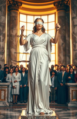 A powerful depiction of justice, symbolized by a majestic lady holding the scales of justice, blindfolded, standing in a grand, classical courtroom filled with marble columns and golden accents