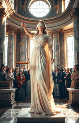 A powerful depiction of justice, symbolized by a majestic lady holding the scales of justice, blindfolded, standing in a grand, classical courtroom filled with marble columns and golden accents