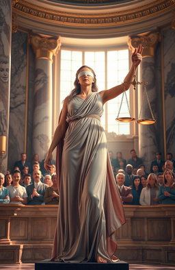 A powerful depiction of justice, symbolized by a majestic lady holding the scales of justice, blindfolded, standing in a grand, classical courtroom filled with marble columns and golden accents