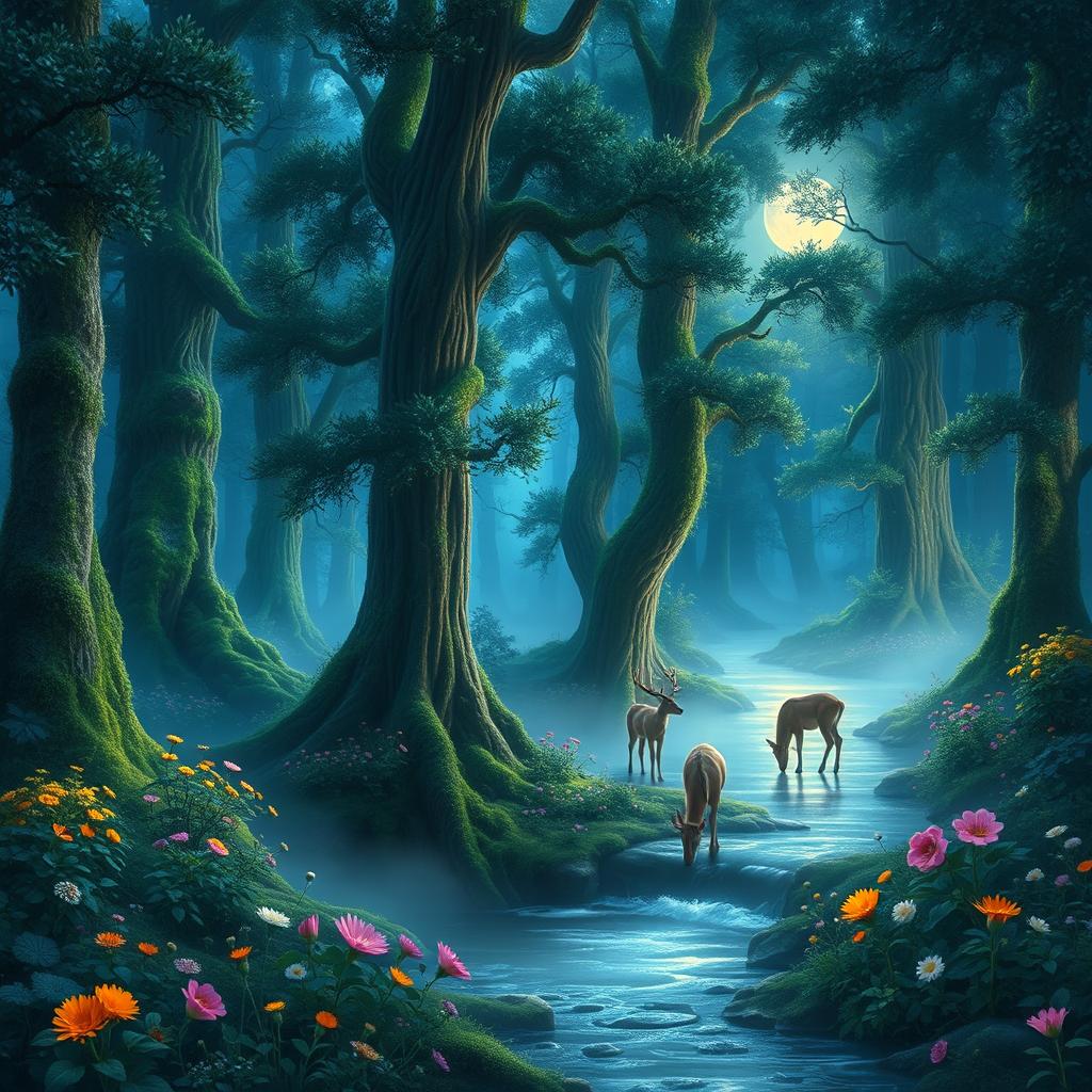 A stunning, ethereal forest scene illuminated by moonlight, featuring tall, ancient trees with thick foliage