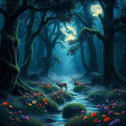 A stunning, ethereal forest scene illuminated by moonlight, featuring tall, ancient trees with thick foliage