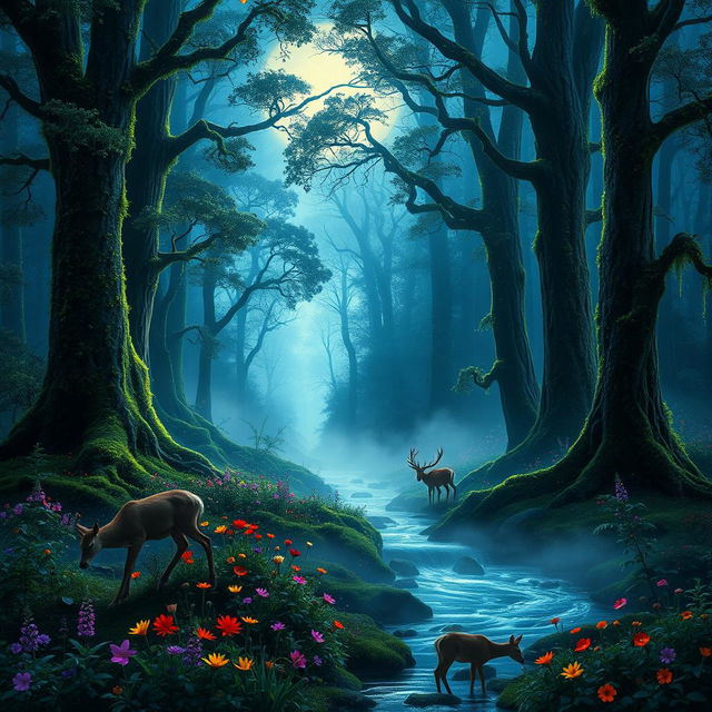 A stunning, ethereal forest scene illuminated by moonlight, featuring tall, ancient trees with thick foliage