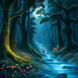 A stunning, ethereal forest scene illuminated by moonlight, featuring tall, ancient trees with thick foliage