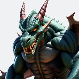 A hybrid character of dragon and human, featuring a muscular and powerful body with dark green or deep blue scaly skin that glimmers in bright light