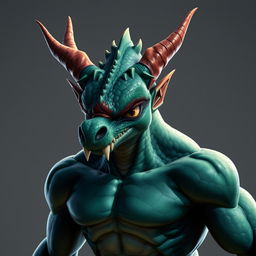 A hybrid character of dragon and human, featuring a muscular and powerful body with dark green or deep blue scaly skin that glimmers in bright light