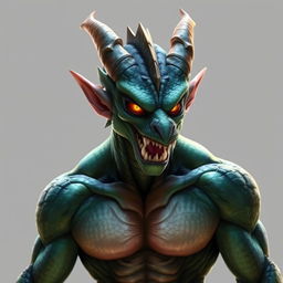 A hybrid character of dragon and human, featuring a muscular and powerful body with dark green or deep blue scaly skin that glimmers in bright light