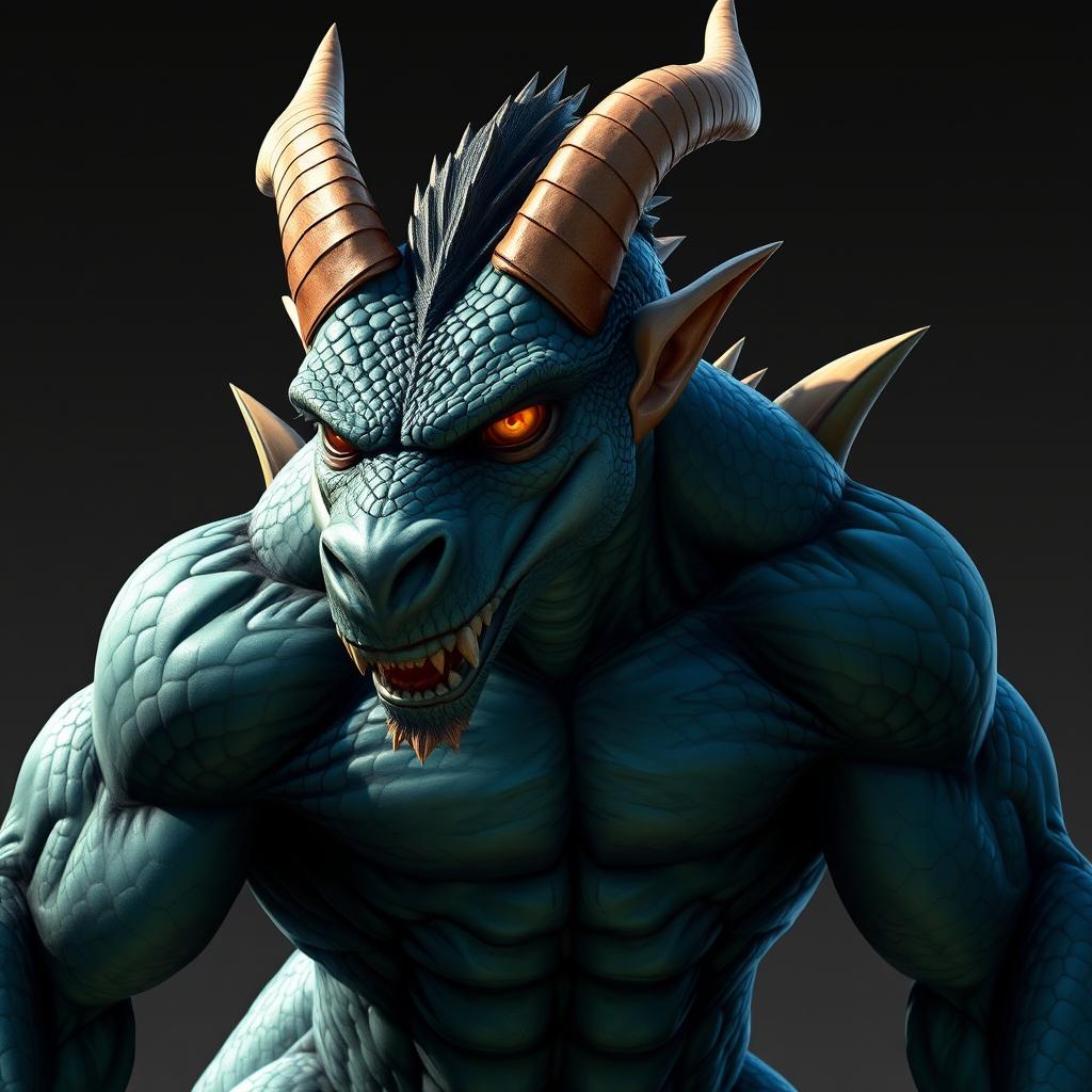 A hybrid character of dragon and human, featuring a muscular and powerful body with dark green or deep blue scaly skin that glimmers in bright light
