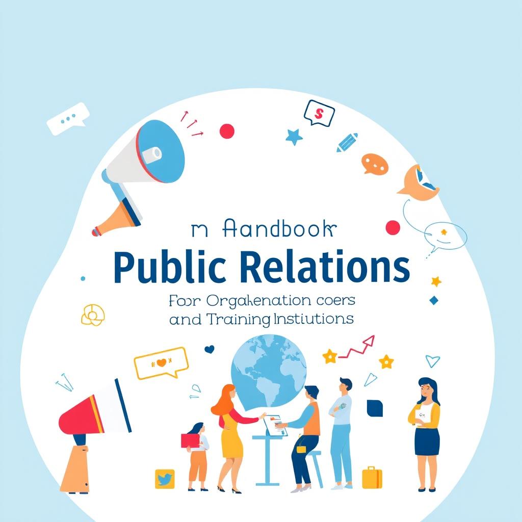 A visually engaging and illustrative cover for a handbook titled 'A Handbook for Public Relations for Organizations and Training Institutions'