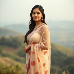 A beautiful Indian woman standing in a traditional transparent saree, intricately designed with floral patterns, showcasing her elegance and grace