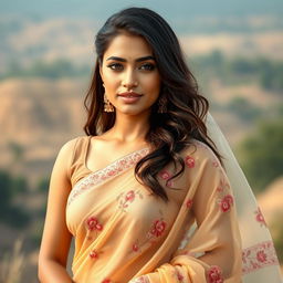 A beautiful Indian woman standing in a traditional transparent saree, intricately designed with floral patterns, showcasing her elegance and grace
