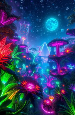A captivating new creation, a fusion of nature and technology, showcasing a vibrant neon jungle filled with glowing plants and bioluminescent creatures
