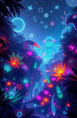 A captivating new creation, a fusion of nature and technology, showcasing a vibrant neon jungle filled with glowing plants and bioluminescent creatures