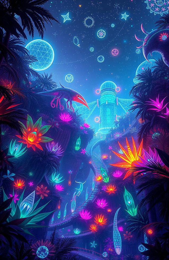 A captivating new creation, a fusion of nature and technology, showcasing a vibrant neon jungle filled with glowing plants and bioluminescent creatures
