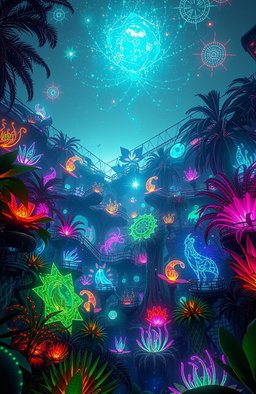 A captivating new creation, a fusion of nature and technology, showcasing a vibrant neon jungle filled with glowing plants and bioluminescent creatures