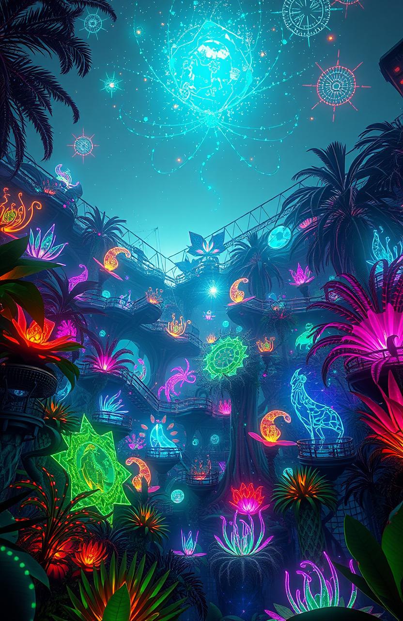 A captivating new creation, a fusion of nature and technology, showcasing a vibrant neon jungle filled with glowing plants and bioluminescent creatures