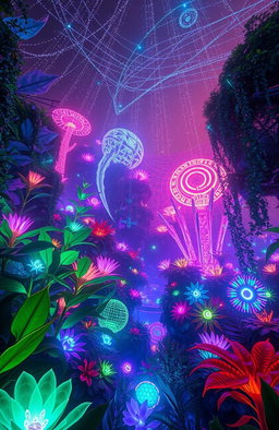 A captivating new creation, a fusion of nature and technology, showcasing a vibrant neon jungle filled with glowing plants and bioluminescent creatures