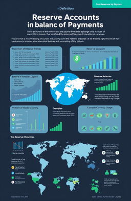 A detailed infographic illustrating the concept of reserve accounts in the balance of payments, featuring key elements such as definitions, graphs showing reserve trends, the importance of reserve accounts in international finance, and examples of currencies held in reserves
