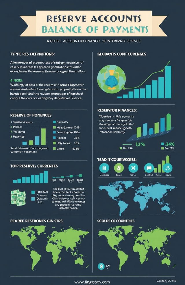A detailed infographic illustrating the concept of reserve accounts in the balance of payments, featuring key elements such as definitions, graphs showing reserve trends, the importance of reserve accounts in international finance, and examples of currencies held in reserves