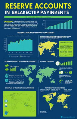 A detailed infographic illustrating the concept of reserve accounts in the balance of payments, featuring key elements such as definitions, graphs showing reserve trends, the importance of reserve accounts in international finance, and examples of currencies held in reserves