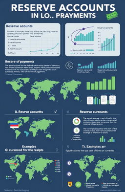 A detailed infographic illustrating the concept of reserve accounts in the balance of payments, featuring key elements such as definitions, graphs showing reserve trends, the importance of reserve accounts in international finance, and examples of currencies held in reserves
