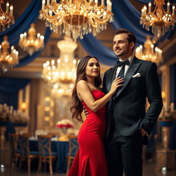 A beautifully composed scene featuring two elegant figures: a stylish woman in a flowing red dress, her long hair cascading elegantly down her shoulders, standing gracefully next to a tall, debonair man in a tailored black suit, his confident posture accentuated by a suave smile