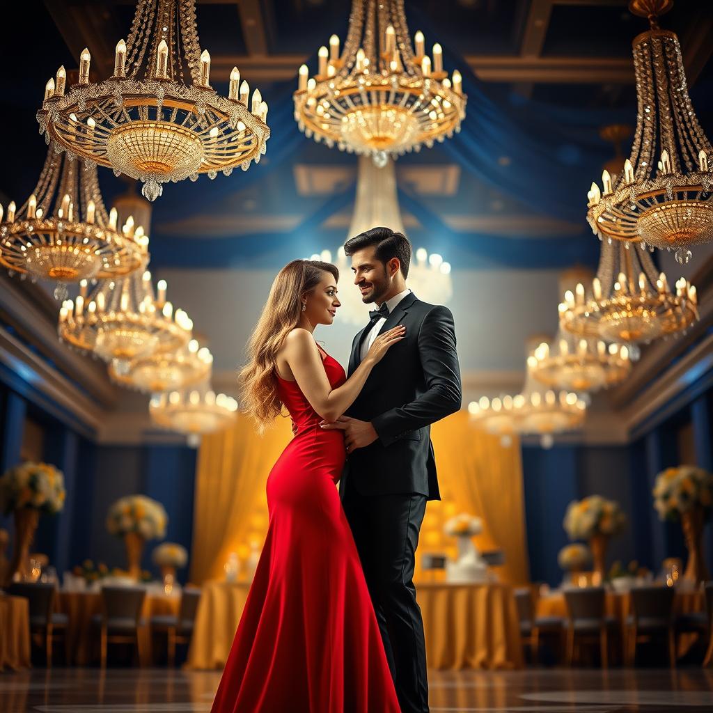 A beautifully composed scene featuring two elegant figures: a stylish woman in a flowing red dress, her long hair cascading elegantly down her shoulders, standing gracefully next to a tall, debonair man in a tailored black suit, his confident posture accentuated by a suave smile