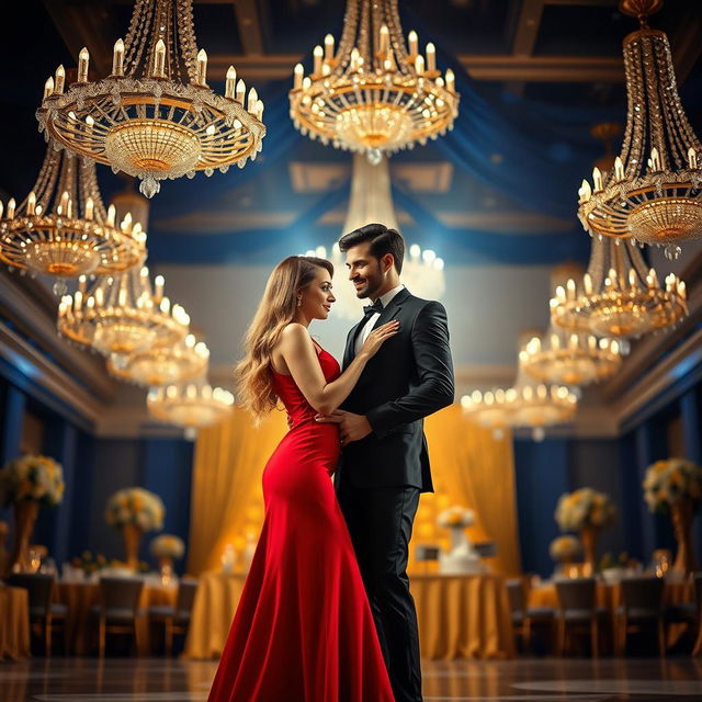 A beautifully composed scene featuring two elegant figures: a stylish woman in a flowing red dress, her long hair cascading elegantly down her shoulders, standing gracefully next to a tall, debonair man in a tailored black suit, his confident posture accentuated by a suave smile