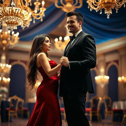 A beautifully composed scene featuring two elegant figures: a stylish woman in a flowing red dress, her long hair cascading elegantly down her shoulders, standing gracefully next to a tall, debonair man in a tailored black suit, his confident posture accentuated by a suave smile