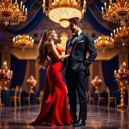 A beautifully composed scene featuring two elegant figures: a stylish woman in a flowing red dress, her long hair cascading elegantly down her shoulders, standing gracefully next to a tall, debonair man in a tailored black suit, his confident posture accentuated by a suave smile