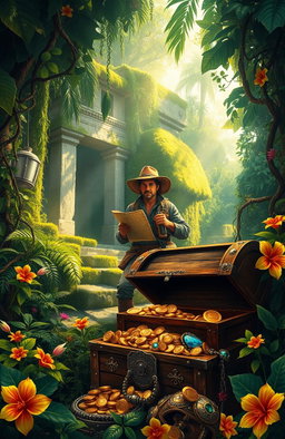 An adventurous scene depicting a treasure hunter searching for wealth and treasure in a lush, overgrown jungle