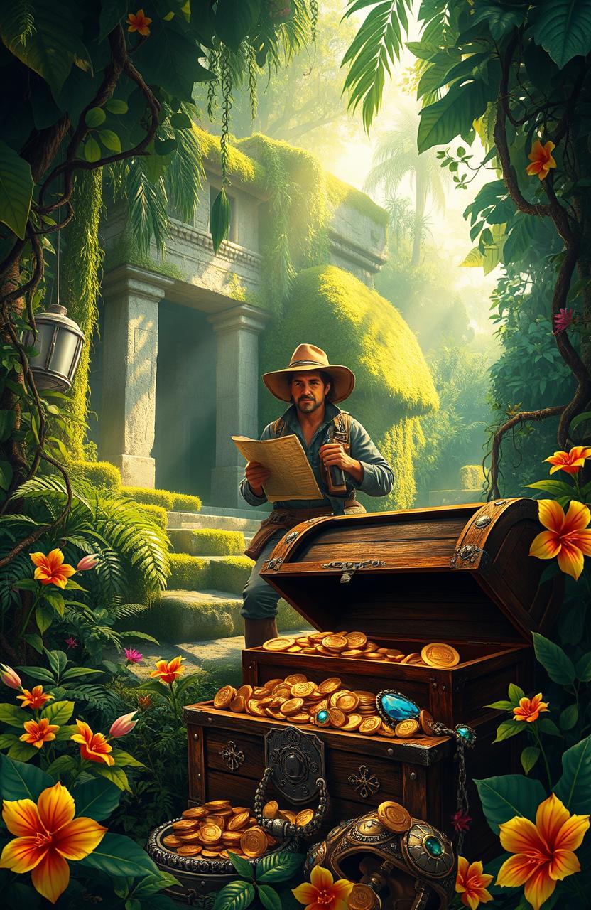 An adventurous scene depicting a treasure hunter searching for wealth and treasure in a lush, overgrown jungle