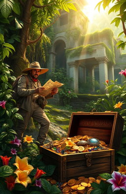 An adventurous scene depicting a treasure hunter searching for wealth and treasure in a lush, overgrown jungle