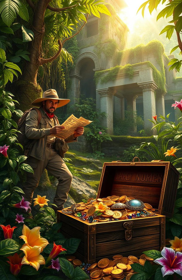 An adventurous scene depicting a treasure hunter searching for wealth and treasure in a lush, overgrown jungle
