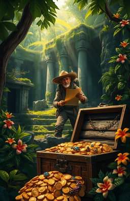 An adventurous scene depicting a treasure hunter searching for wealth and treasure in a lush, overgrown jungle